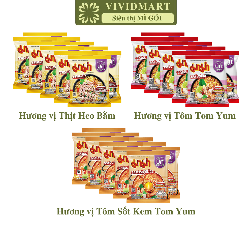 [SET 10 GÓI] - MAMA - Mì MaMa gói lớn 3 vị: Thịt heo bằm, Tôm TomYum, Tôm Sốt kem TomYum, Mì Thái Lan ăn liền, Mì gói lớn Mama (95g/gói)