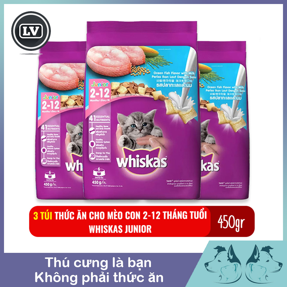 Combo 3 gói Thức ăn cho mèo con từ 2-12 tháng tuổi Whiskas Junior 450g