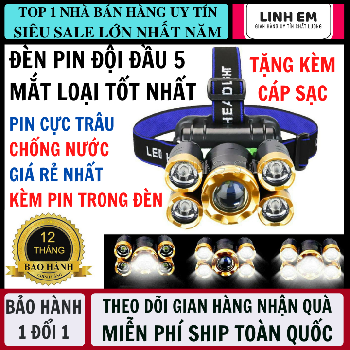 Đèn pin siêu sáng đội đầu bản mới 5 bóng led siêu sáng, chống nước, tặng kèm cáp sạc đèn pin siêu sang den led sieu sang, đèn pin, đèn pin siêu sáng chiếu xa 1000m, den pin