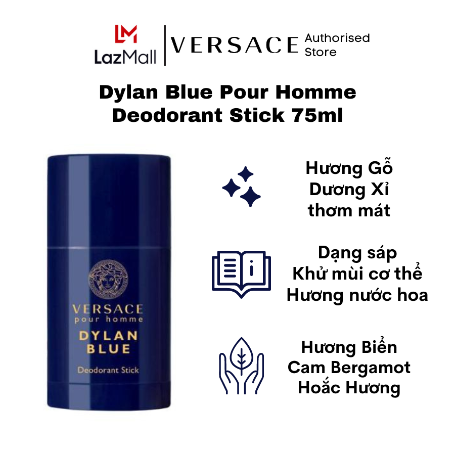Lăn khử mùi nước hoa nam cao cấpVERSACE Dylan Blue Pour Homme Deodorant Stick 75ml hương nước hoa Dương Xỉ - Gỗ thơm mát sang trọng