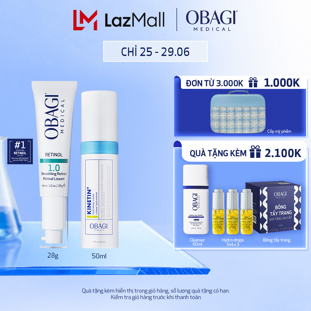 Bộ đôi Kem chống lão hóa Obagi Retinol 1.0 28g và Kem dưỡng phục hồi làm dịu da Obagi Clinical Kinetin+ Hydrating Cream 50ml