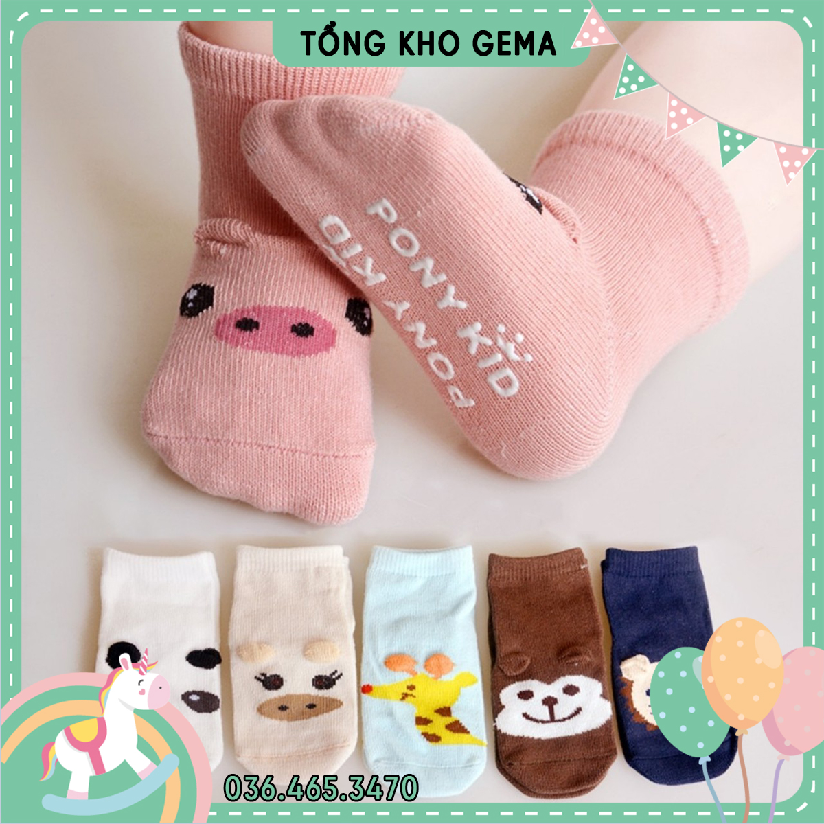 Combo 5 đôi tất len cổ cao pony kid, tất chống trượt cho bé trai và bé gái