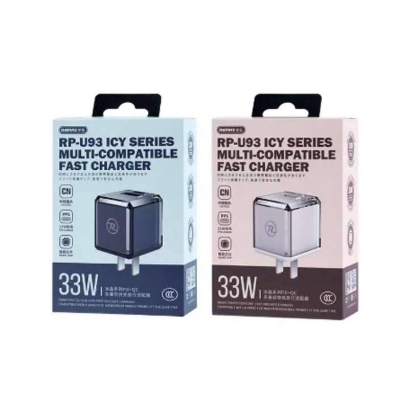 Củ sạc RP U93 công suất 33 W vỏ bọc trong suốt kèm 2 cổng sạc nhanh công nghệ sạc GaN chân cắm USB và type C sạc nhanh