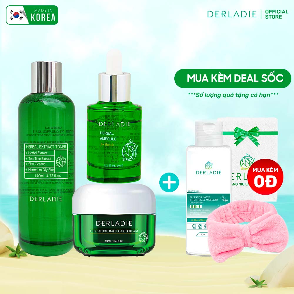 Combo 3 Sản Phẩm Toner, Serum, Kem Dưỡng Tràm Trà Giảm Mụn Kiềm Dầu Deradie Herbal Extract