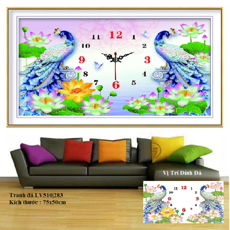 Tranh Đính Đá Đồng Hồ Chim Công LV510 - Kích Thước 75x50cm
