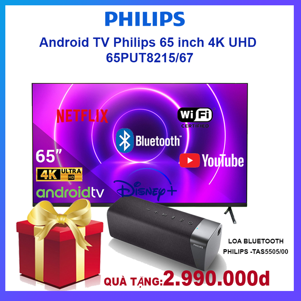 Smart tivi 65 inch philips 4k 65put8215/67- âm thanh vòm dolby- - bảo hành 2 năm