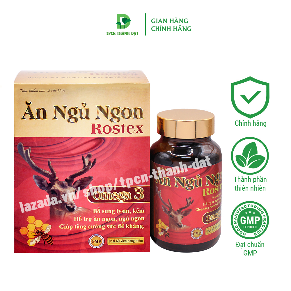Viên uống Ăn Ngủ Ngon Rostex Omega 3 hỗ trợ ăn ngon, ngủ ngon, tăng sức đề kháng - Chai 60 viên