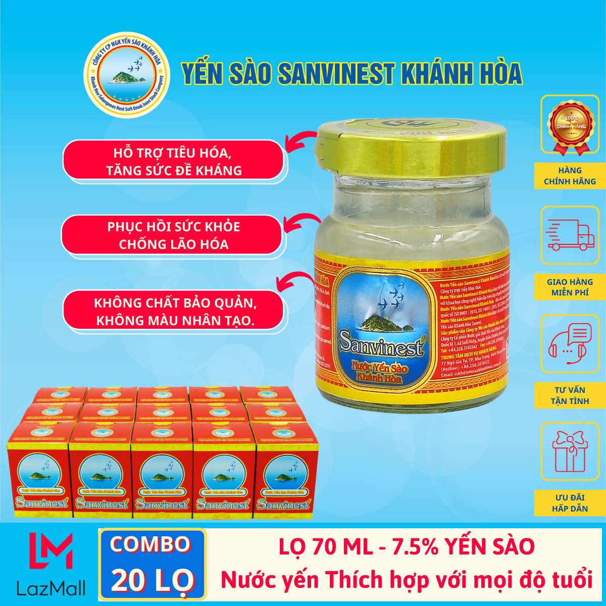 Combo 15 lọ, 20 lọ Nước Yến sào Sanvinest Khánh Hòa lọ 70ml - Yến sào 7.5%.