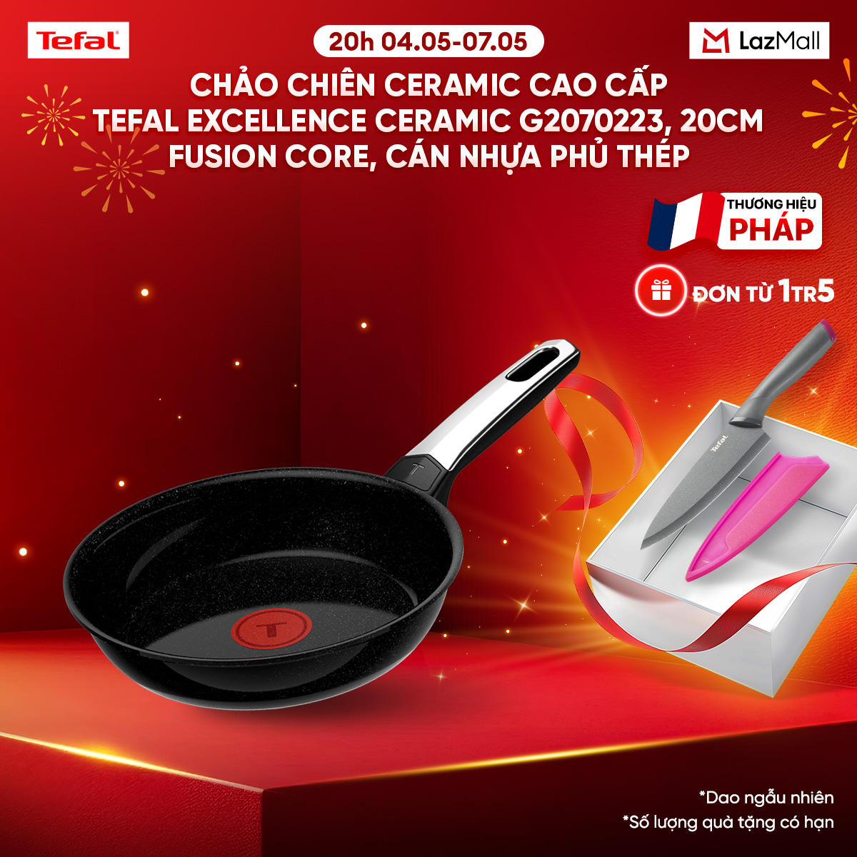 Chảo chiên ceramic cao cấp Tefal EXCELLENCE CERAMIC G2070223, 20cm, Fusion Core, cán nhựa phủ thép