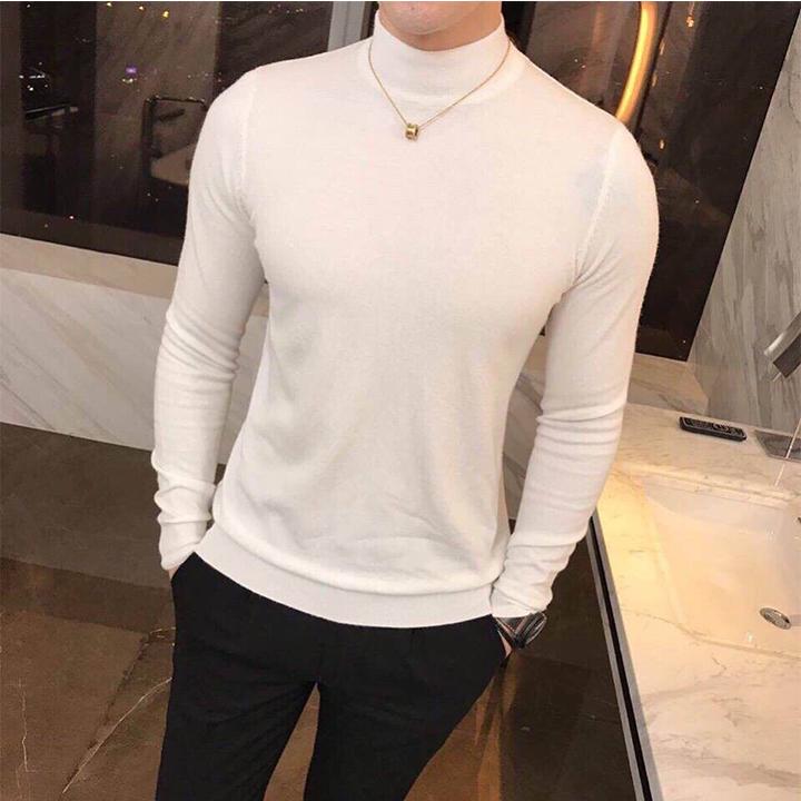 Áo len cổ 3 phân nam màu trắng