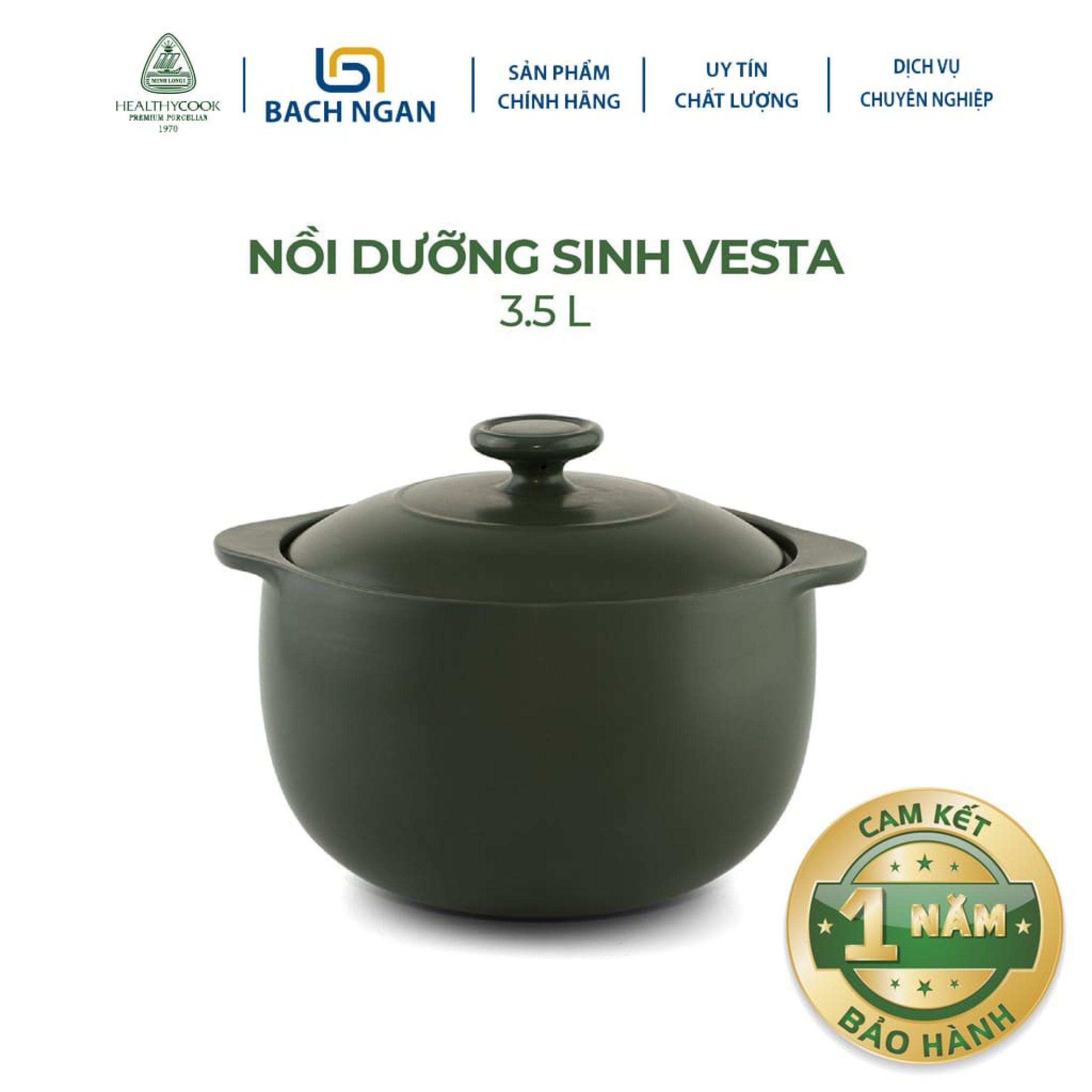 Nồi Sứ Dưỡng Sinh Minh Long Vesta 3.5 L dùng cho Bếp Ga, Hồng Ngoại có nắp đậy, tráng men màu sứ xanh rêu, có thể kho cá, hầm cháo - nồi đất