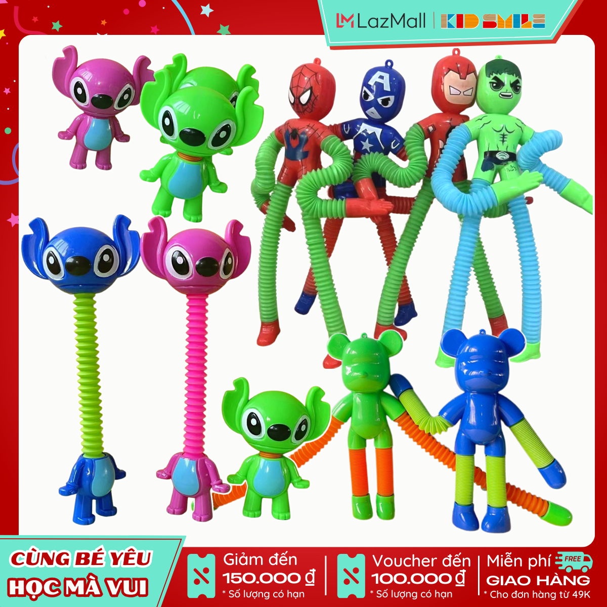 Đồ chơi lò xo kéo giãn vui nhộn, đồ chơi giảm stress giải trí cho bé hình Stich, Huggy Wuggy, BearBrick, Siêu anh hùng Avenger