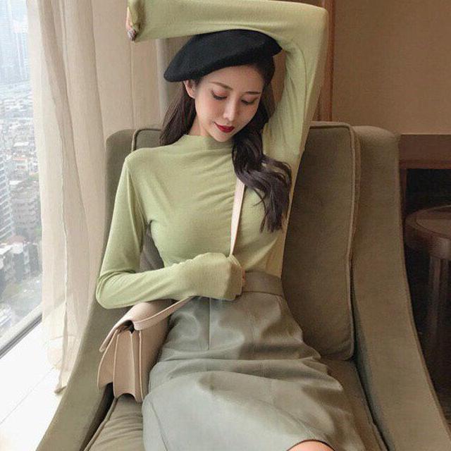 Áo thun lụa body tay dài cổ lọ mướt mát hàng xuất Little Box shop( Free size dưới 58kg ) 4 màu : đen - trắng - đỏ - hồng