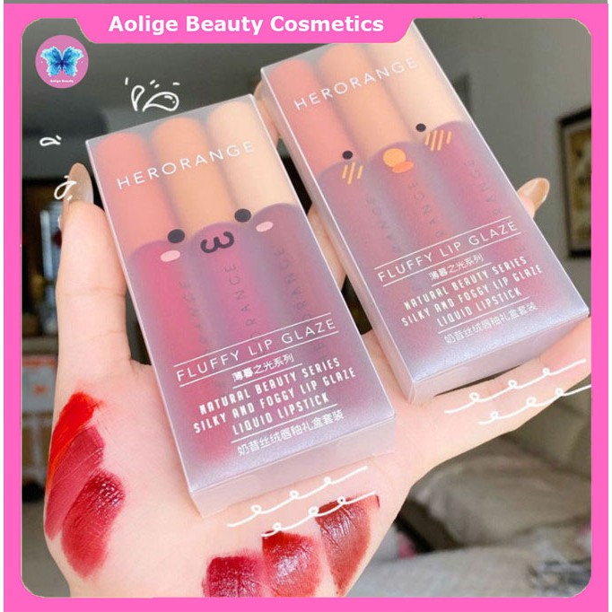 Son nội địa trung quốc Set 3 cây kem lì Herorange Fluffy Lip Glaze dưỡng môi chính hãng có màu A&B.