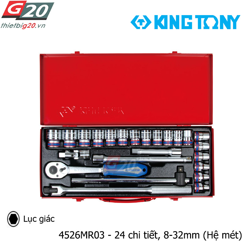 Bộ khẩu tuýp lục giác 1/2'' Kingtony 4526MR03 - 24 chi tiết, 8-32mm (Hệ mét) Bộ khẩu Kingtony cao cấp