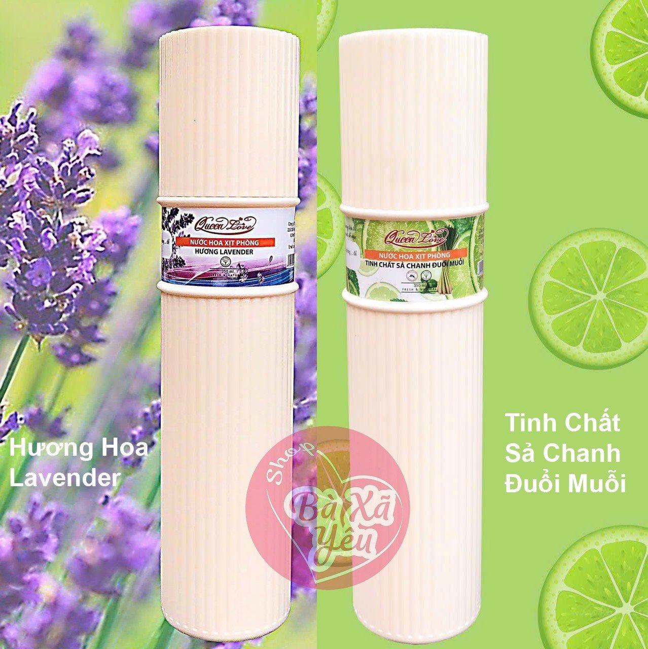 Combo 2 Chai Xịt Phòng Khử Mùi Queen Love Hương Chanh và Lavender 350ml