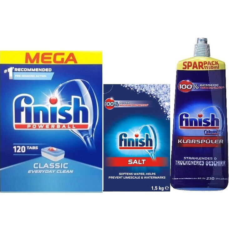 Viên rửa bát finish 120v + muối finish 1.5kg + bóng finish 1150ml dùng cho máy rửa bát