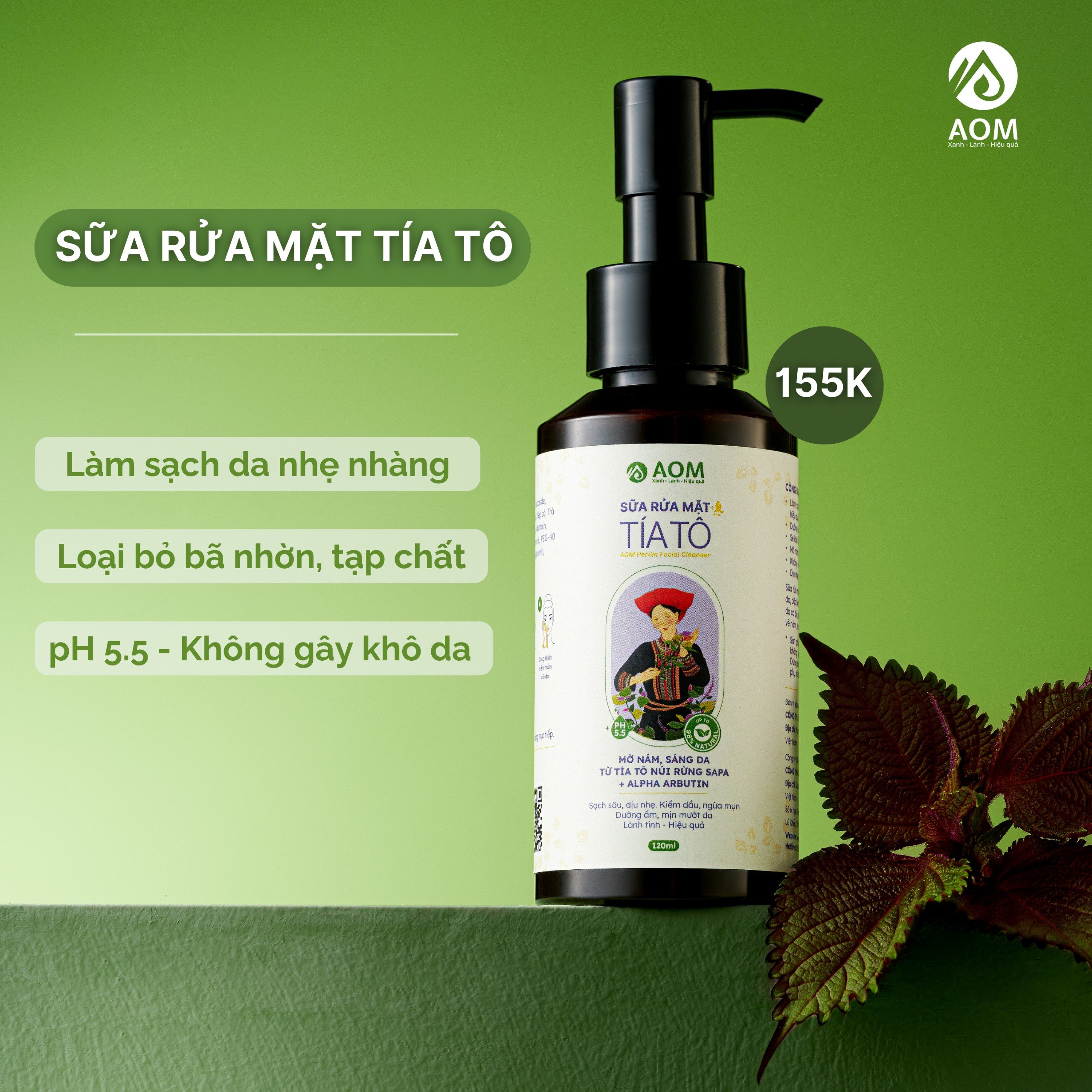 [MỚI] Sữa Rửa Mặt Tía Tô Alpha Arbutin Trắng Da, Giảm Thâm Nám A Om Sapa 120ml