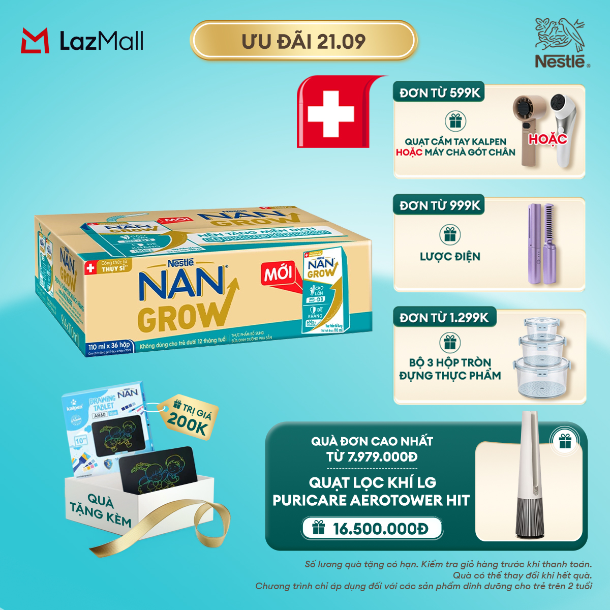 [CHỈ 21.09 QT ĐƠN 599K/999K/1299K][Tặng Bảng viết LCD Kalpen] Sữa Pha Sẵn Nestlé NANGROW Cho Trẻ Từ 1 Tuổi, Công Thức Thụy Sĩ Giúp Bé Cao Lớn Vượt Trội, Thùng (36 Hộp x 110ml)