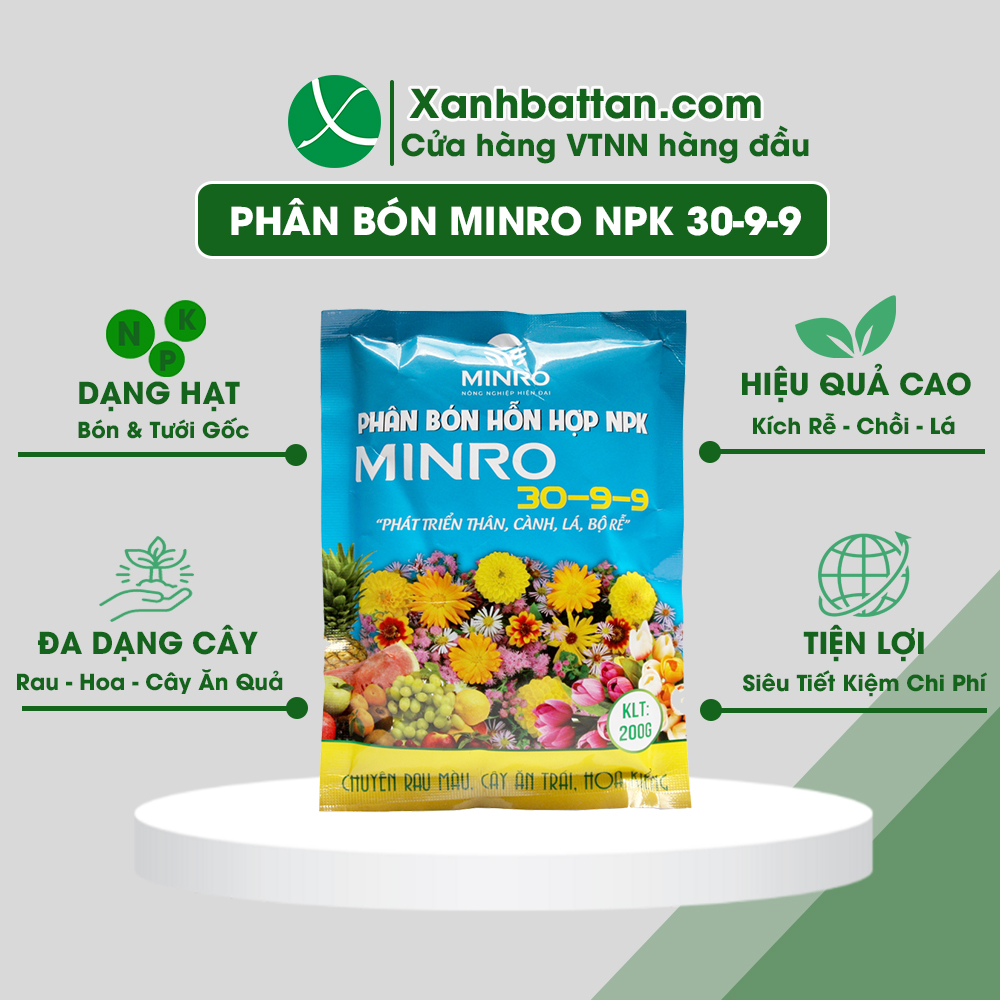 Phân bón npk minro 30-9-9 kích chồi và phục hồi cây túi 200 gram