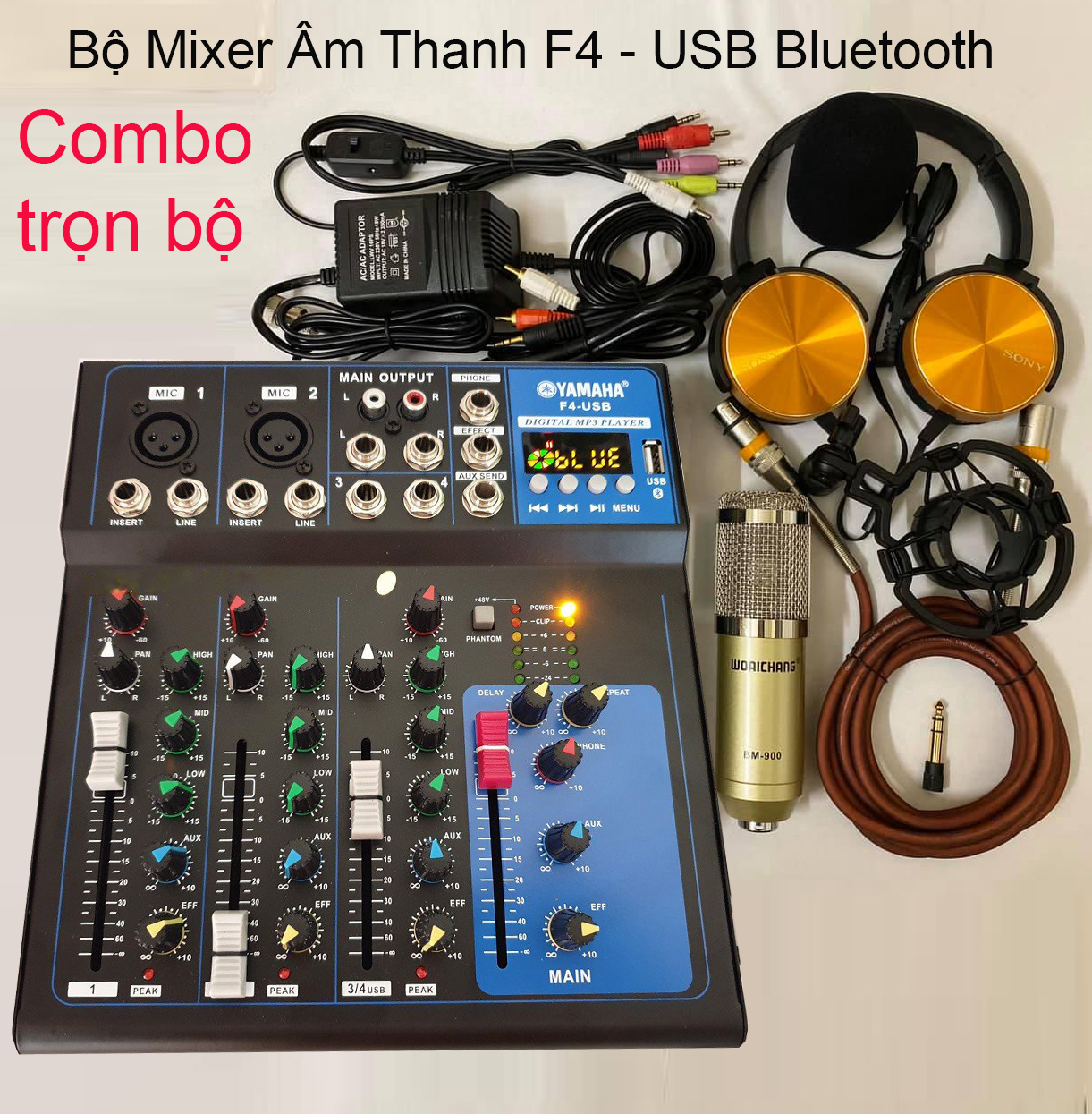 Bộ Mixer Âm Thanh F4 - USB Bluetooth Combo trọn bộ sound card Mixer F4 USB thu âm livestream karaoke cực hay Micro BM-900 Kẹp bàn màng lọc tai nghe kiểm âm 450P livestream hay Suất Xắc BH 12T.