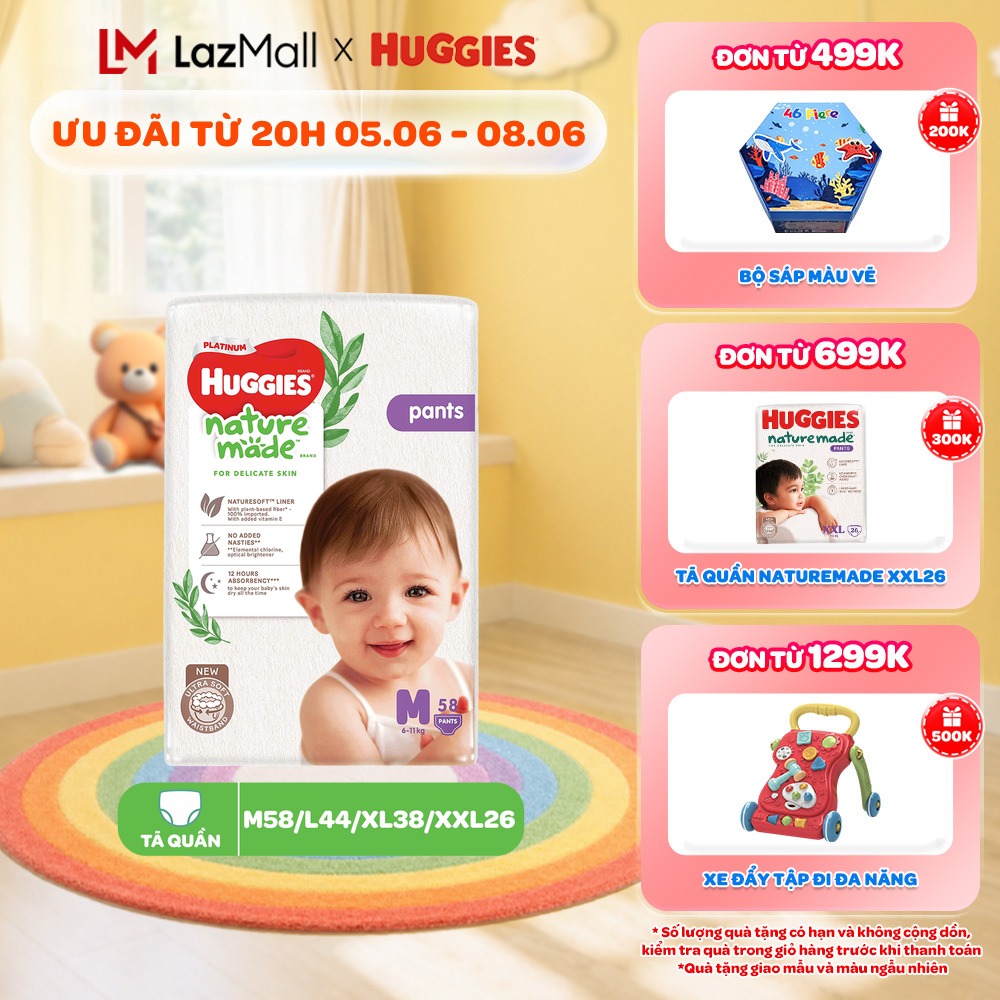 Tã/Bỉm quần Huggies NatureMade M58/ L44/ XL38/ XXL26/ XXXL28