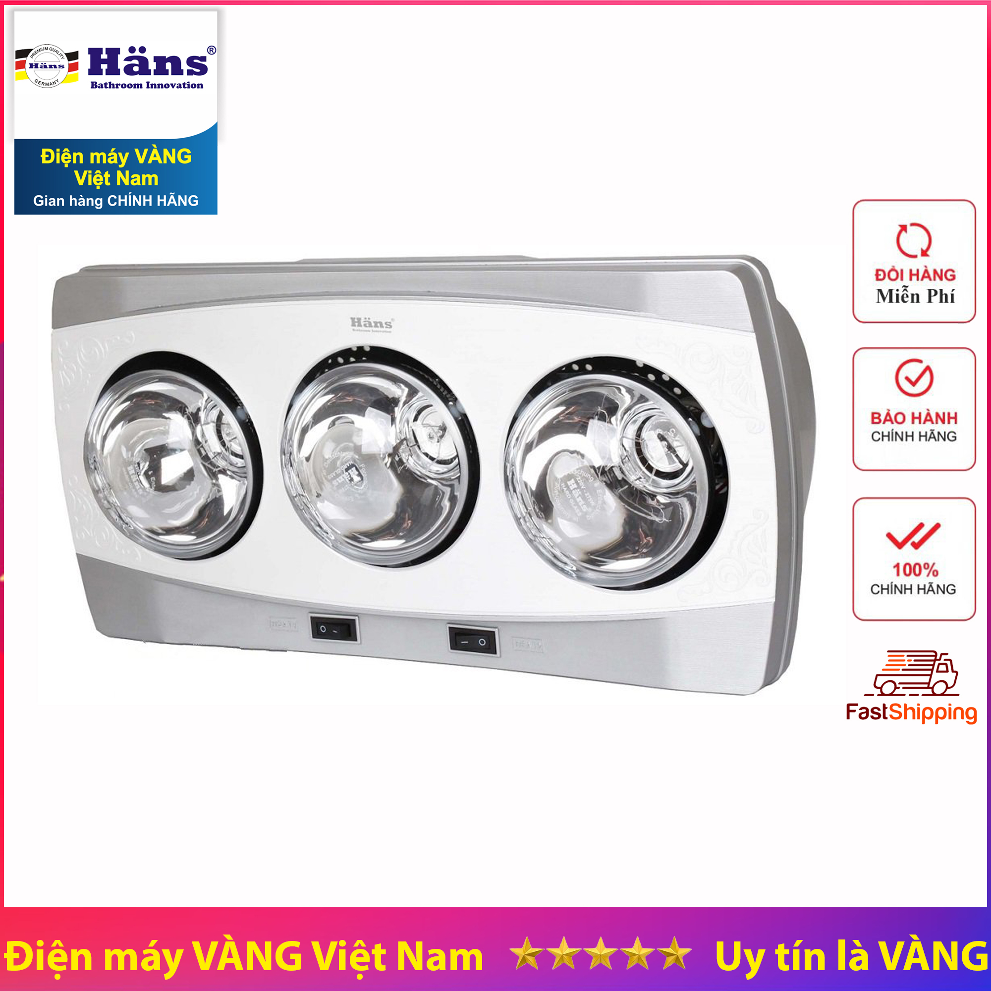 Đèn sưởi nhà tắm 3 bóng Hans H3B (Bạc) - Hàng công ty