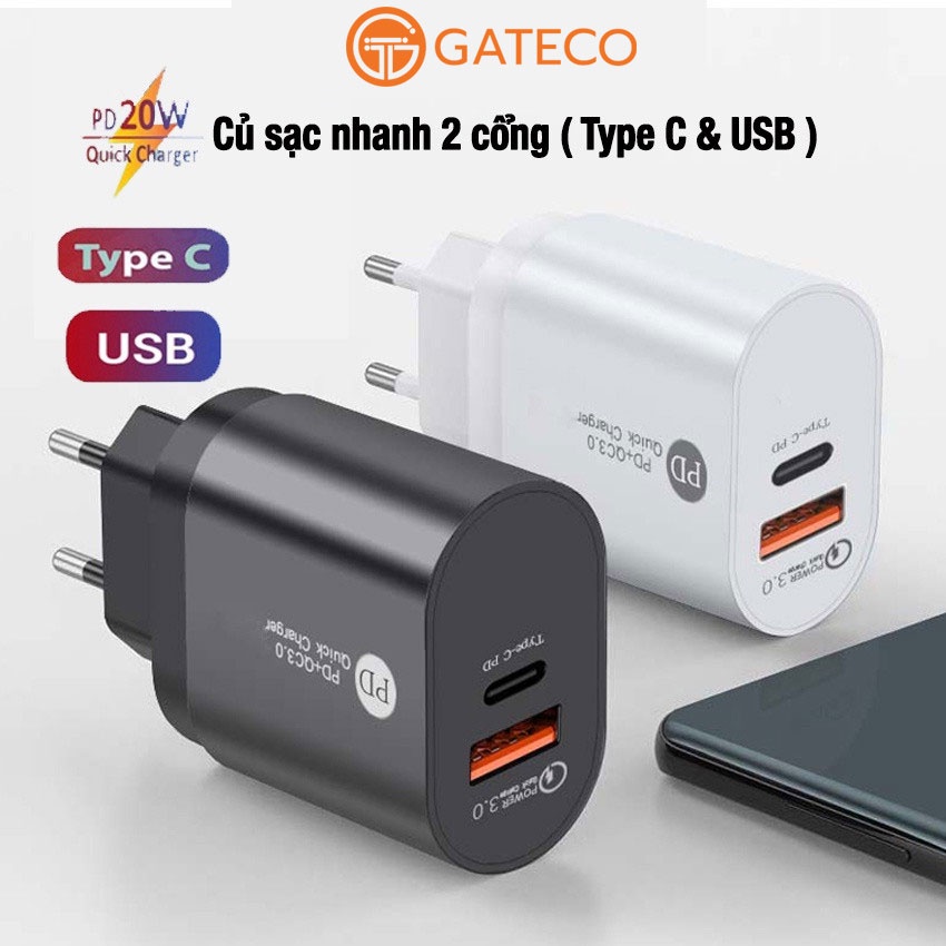 Củ sạc nhanh 2 cổng 20w pd type c và usb qc 3.0 - hỗ trợ sạc nhanh cho các dòng điện thoại