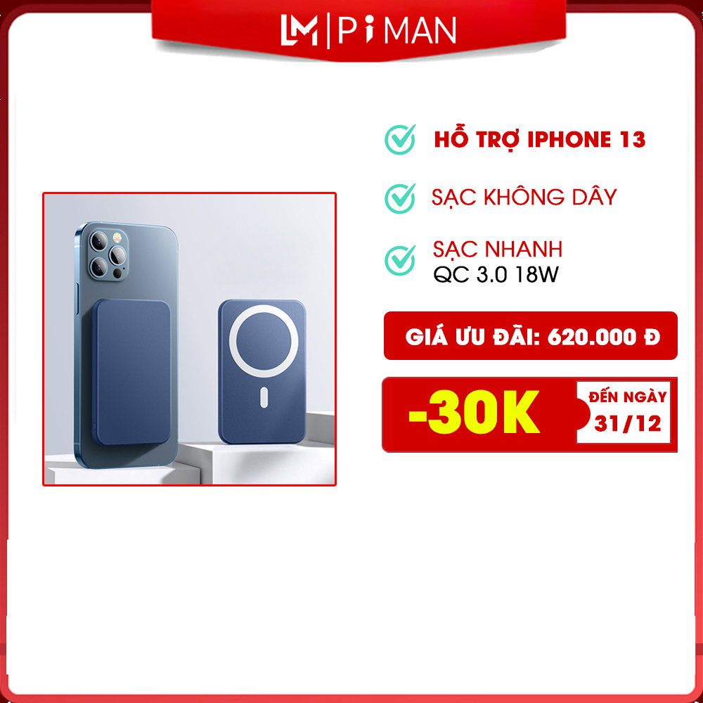Sạc dự phòng không dây Piman sạc nhanh không dây 18W cho iPhone dung lượng 5000mAh P317