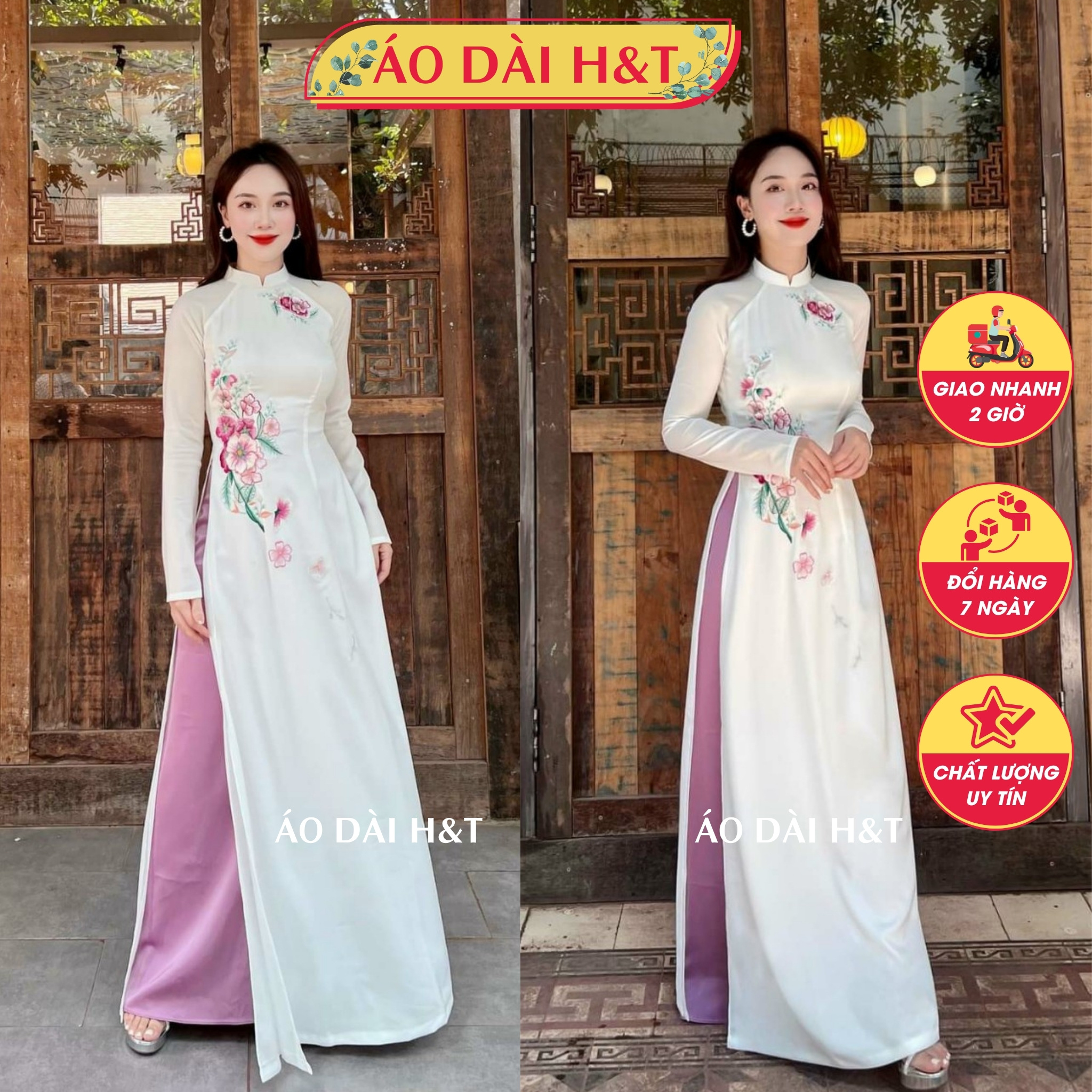 Áo dài truyền thống chất vải lụa thêu hoa dịu dàng phối quần lụa hồng - Áo Dài HT