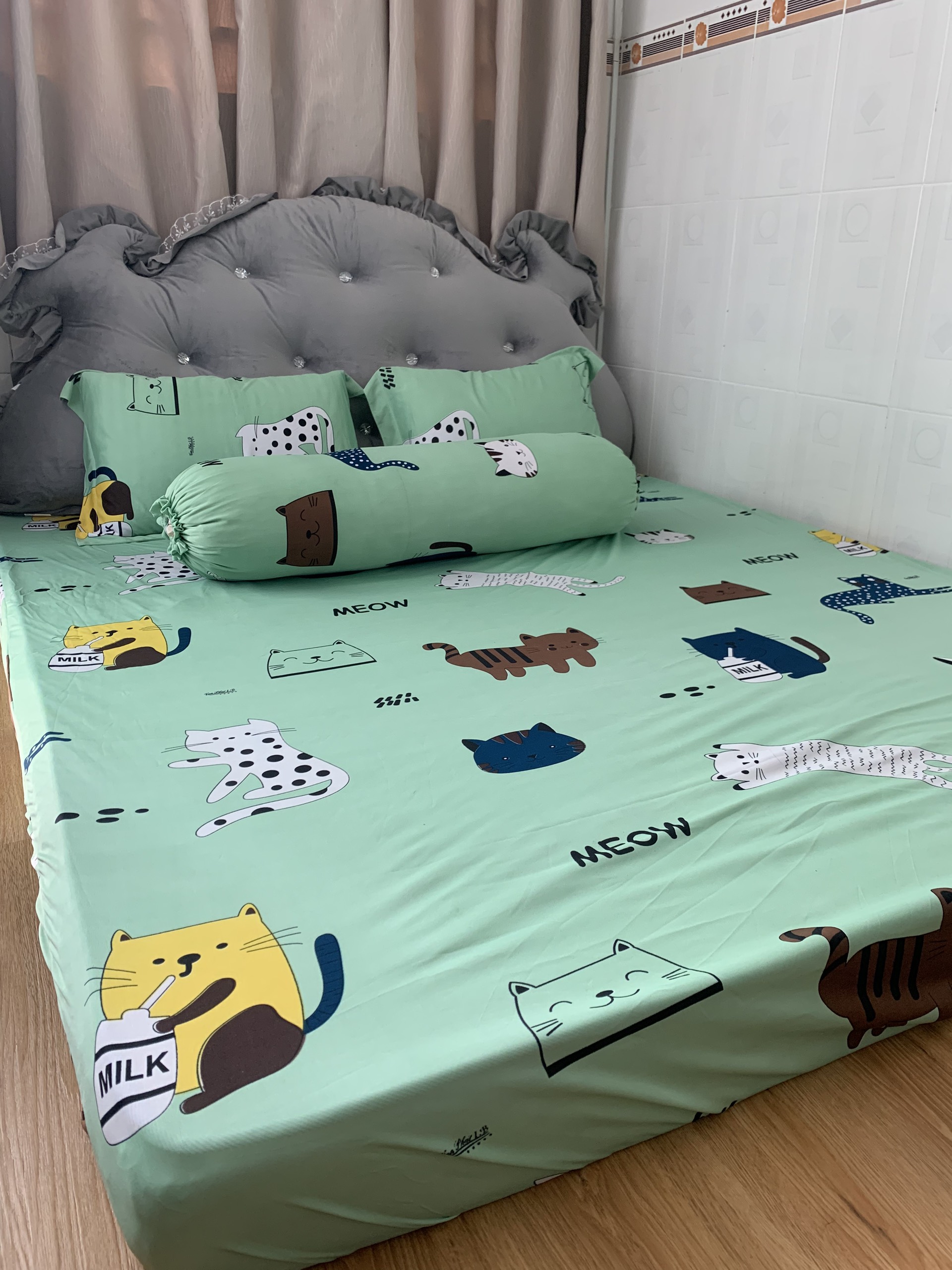 Bộ drap ga thun Hàn quốc mẫu chú mèo