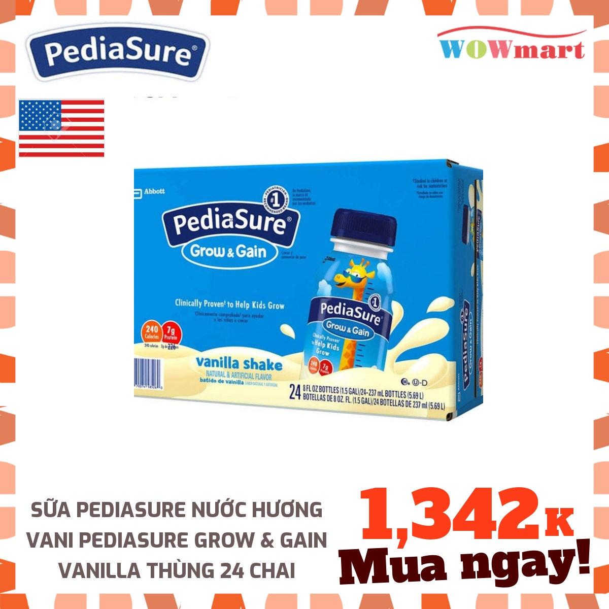 Sữa Pediasure nước hương Vani Pediasure Grow & Gain Vanilla Thùng 24 chai -