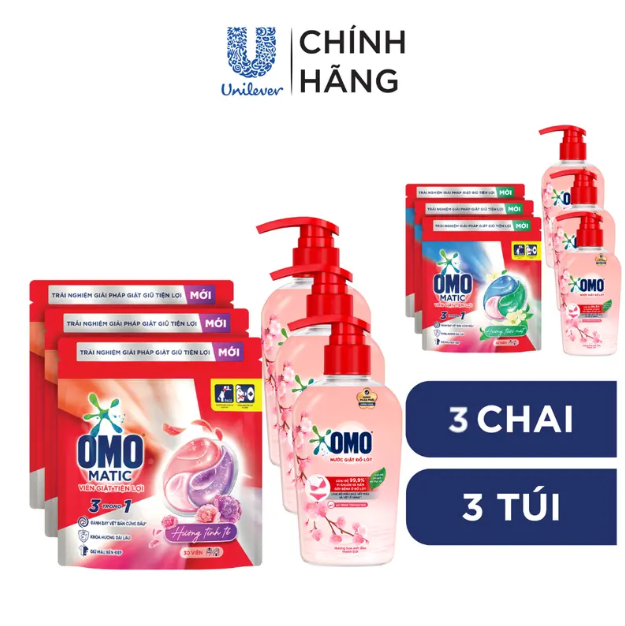 Combo 3 Túi viên giặt tiện lợi OMO 3 trong 1 (30 viên/túi) và Combo 3 Nước Giặt Đồ Lót OMO Hương Hoa Anh Đào Thanh Lịch 300G