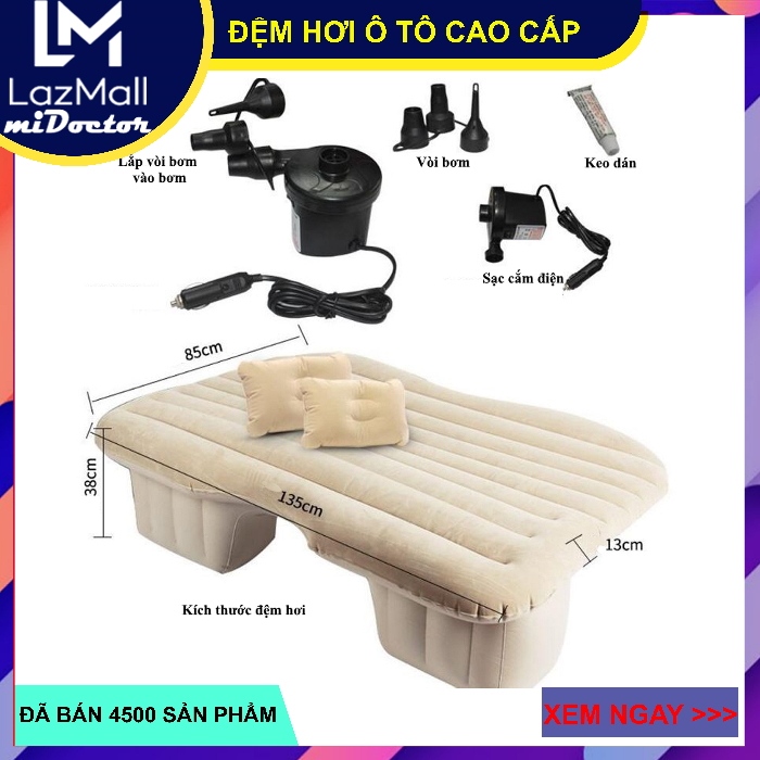 [MÀU VÀNG KEM - GIÁ RẺ] Đệm hơi, nệm hơi cao cấp trên ô tô có tặng kèm 1 bơm điện và 2 gối, 2 miếng vá
