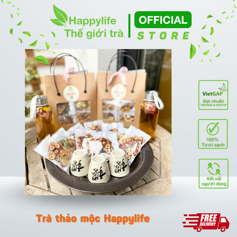 Trà Thảo Mộc Happylife đủ vị - Set 30 gói 8 loại trà tặng 1 bình thủy tinh