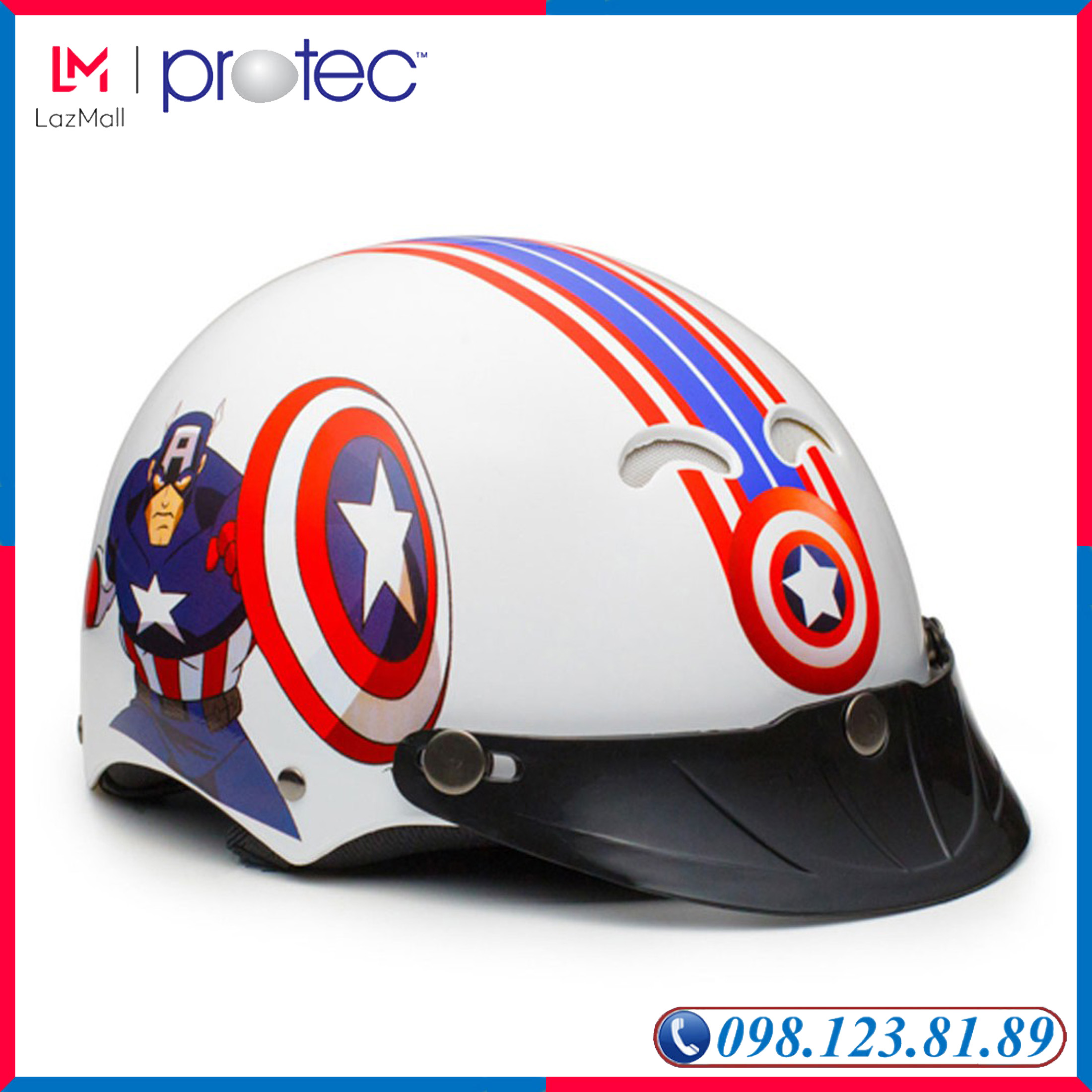 Mũ Bảo Hiểm Trẻ Em 1/2 Đầu Không Kính Protec Kitty KMWF Họa Tiết Siêu Anh Hùng Captain American Mạnh Mẽ - PROTEC HELMET