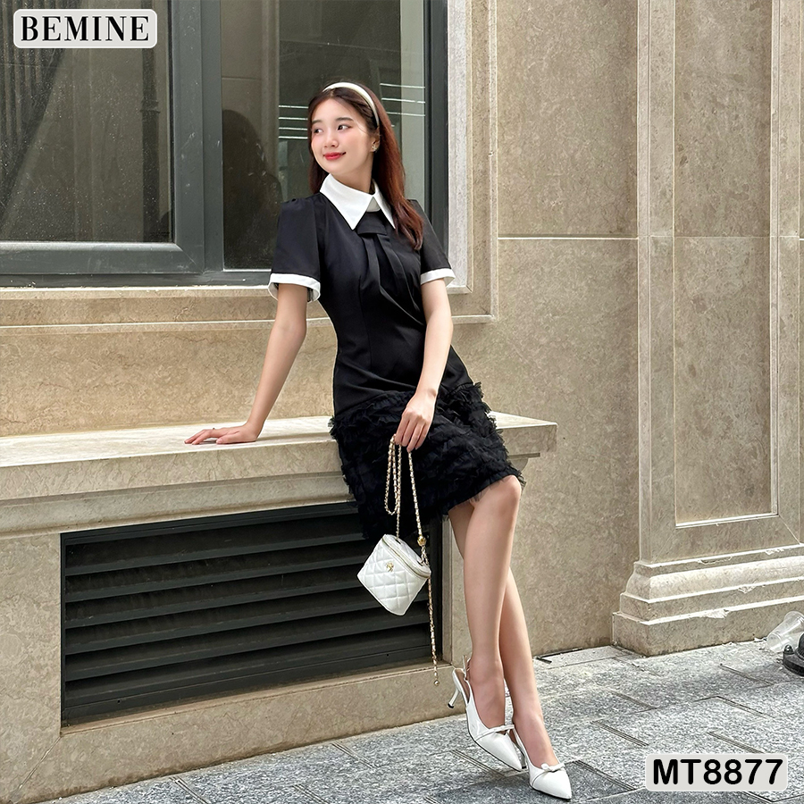 Đầm thiết kế cổ sen tay phồng phối ren tùng bemine mt8877