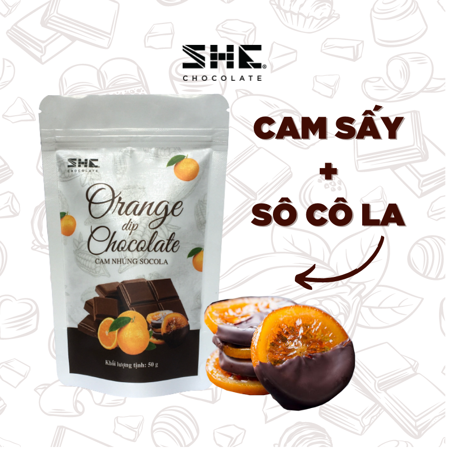 Cam nhúng Socola - Túi 50g - SHE Chocolate - Đa dạng vị giác, bổ sung năng lượng, tốt cho sức khỏe. Quà tặng sức khỏe, người thân, dịp lễ, thích hợp ăn vặt