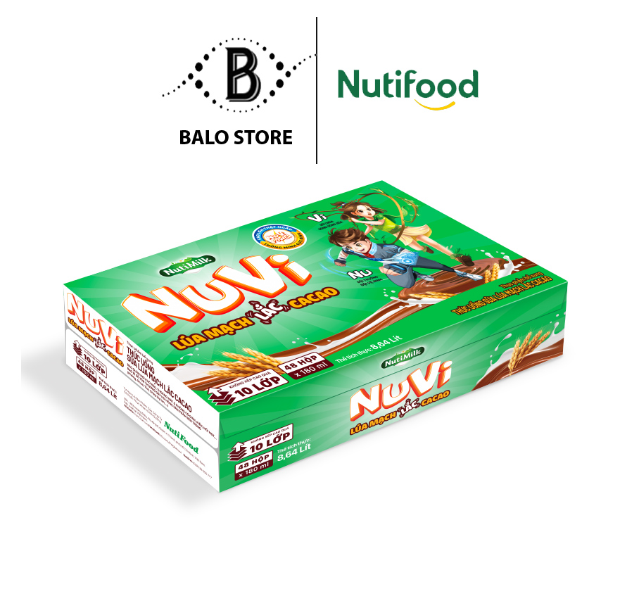 Thùng 48 hộp NuVi Thức Uống Sữa Lúa Mạch Lắc Cacao TU.NLL180LA 180ml - Thương Hiệu NUTIFOOD - BALO STORE