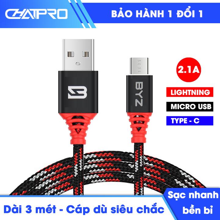 Dây sạc nhanh 2.1A dài 3 mét BYZ BC-090 dành cho đầu Micro USB, iPhone, Type C