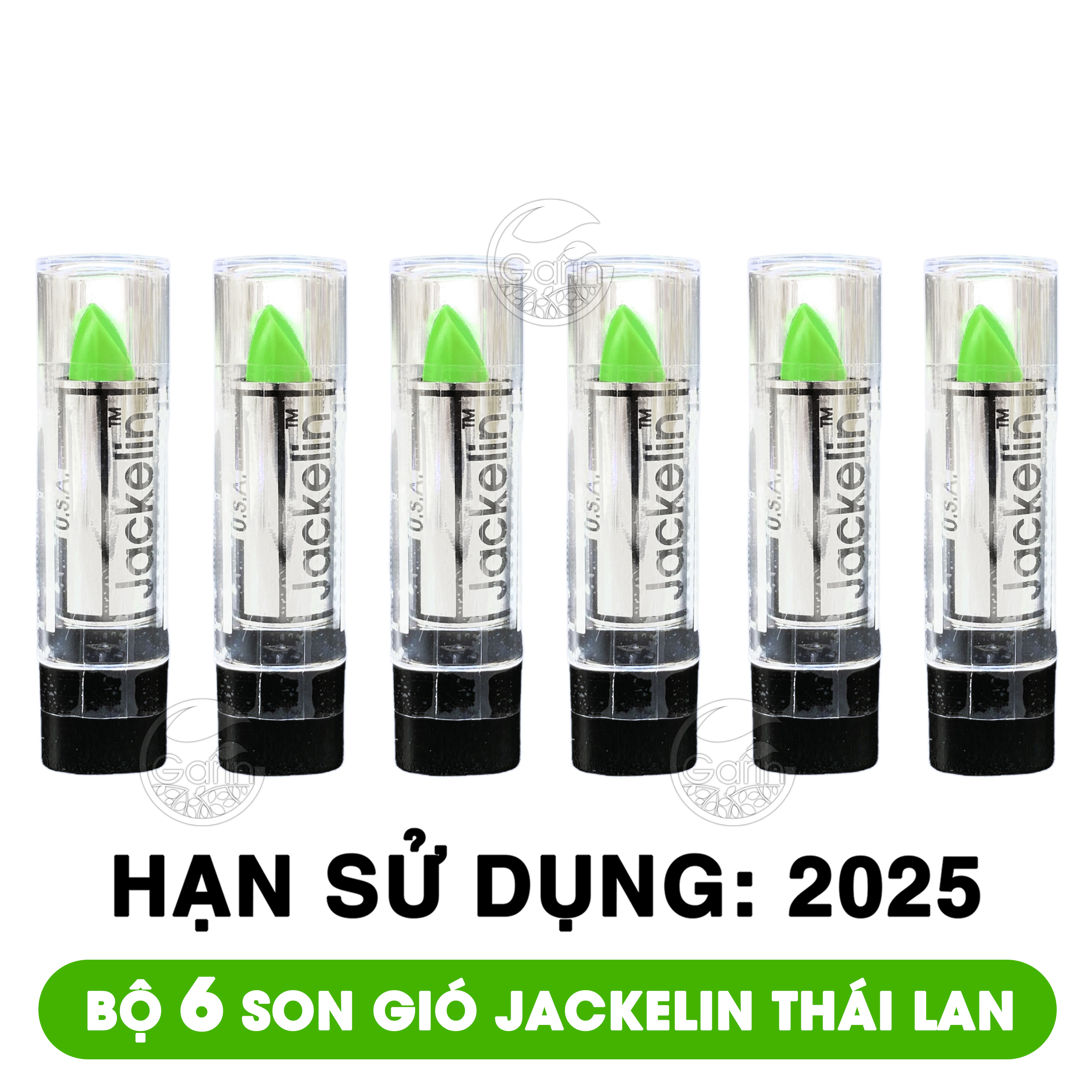 Bộ 6 thỏi son gió jackelin Thái Lan xanh lá dưỡng môi siêu lì không trôi lên màu hồng đẹp tự nhiên BA TU SHOP