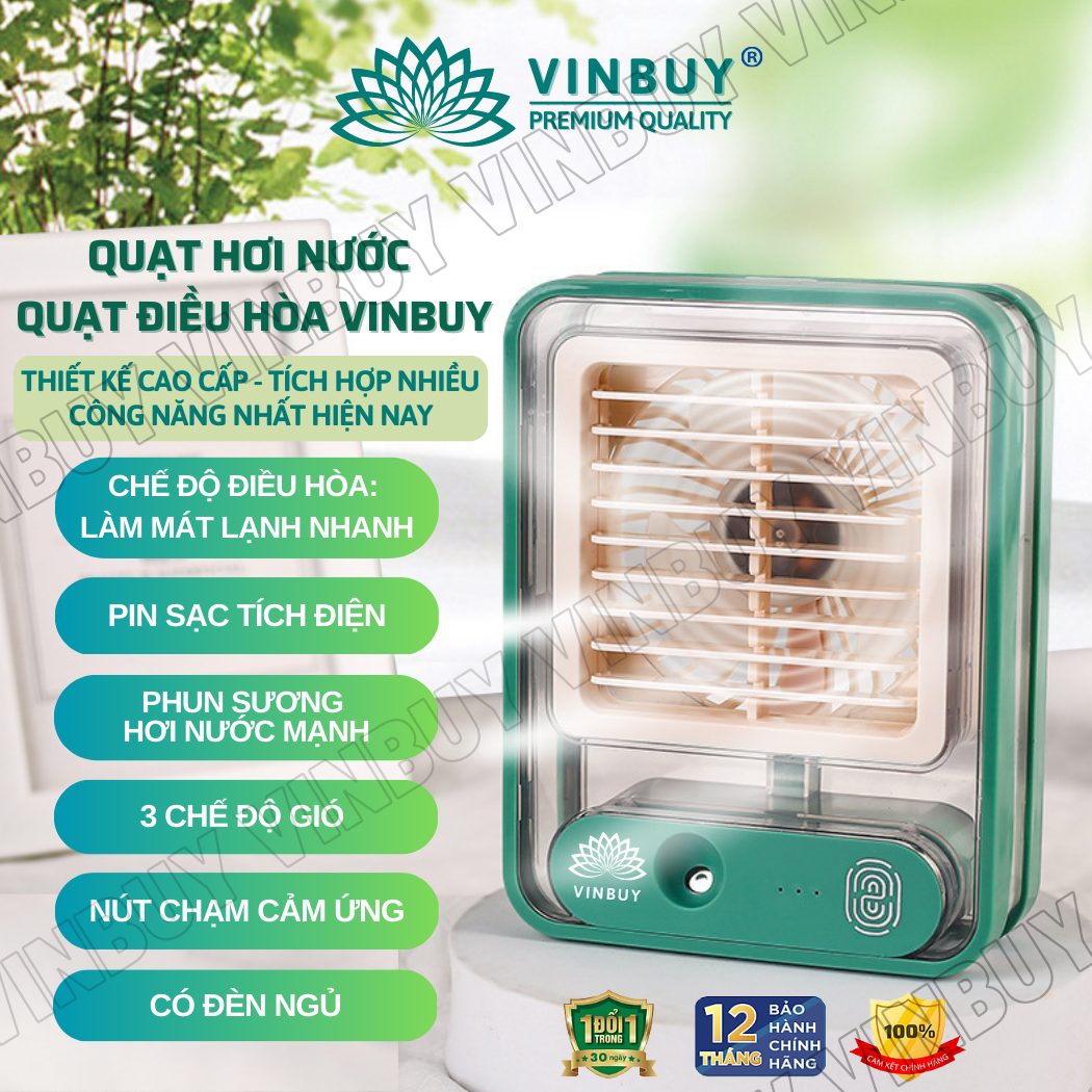 Quạt điều hòa hơi nước mini làm mát không khí để bàn nhỏ gọn, phun sương mạnh, chạm cảm ứng, pin sạc tích điện, có bình chứa nước - VinBuy
