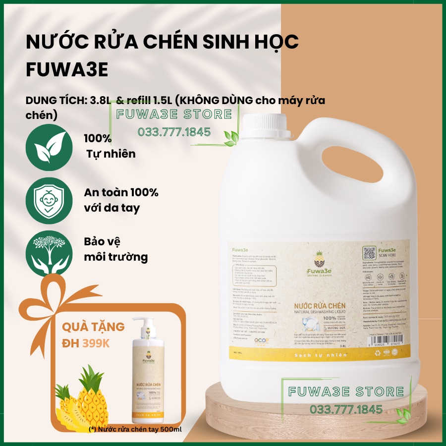 Nước rửa chén sinh học Fuwa3E can 3.8L, nước rửa chén hữu cơ an toàn cho da nhạy cảm, nước rửa chén bình ti cho em bé - Fuwa3E Store HaNoi