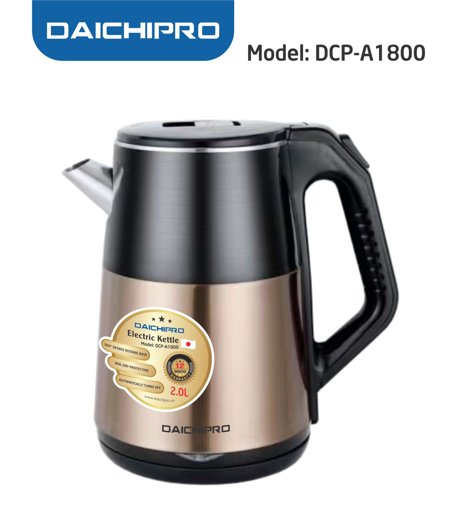 Ấm đun nước siêu tốc, ấm siêu tốc, ấm siêu tốc 2L, ấm siêu tốc cao cấp Daichipro DCP-A1800 hàng nhập khẩu chính hãng