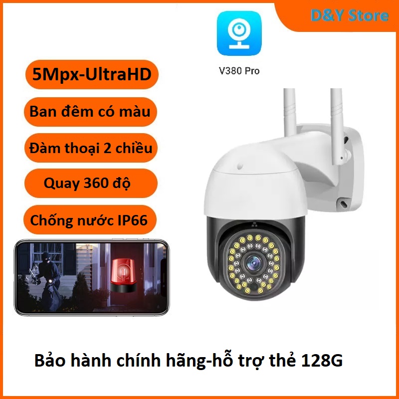 Camera wifi V380Pro 5Mpx ngoài trời, PTZ Onvif, xoay 360 độ, ban đêm có màu, đàm thoại 2 chiều, chống nước.