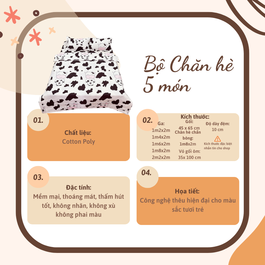 Bộ Chăn Ga Gối Hè Thu 5 Món Mẫu Bò Sữa Trắng CHM48 ( Gồm 1 Chăn Hè, 1 ga bo chun,2 vỏ gối nằm và 1 vỏ gối ôm)