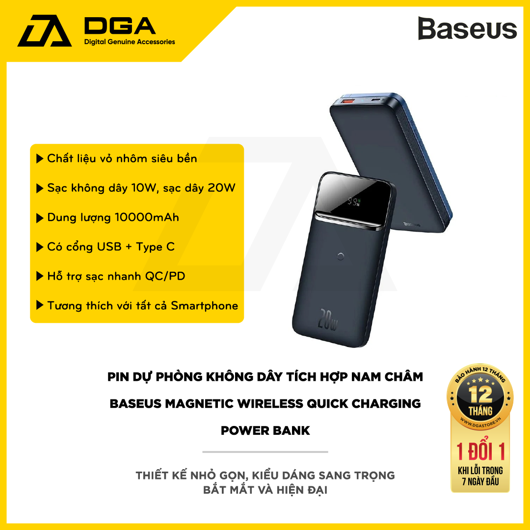 Pin dự phòng sạc nhanh không dây tích hợp nam châm 10000 mAh Baseus Magnetic Wireless Quick Charging Power Bank