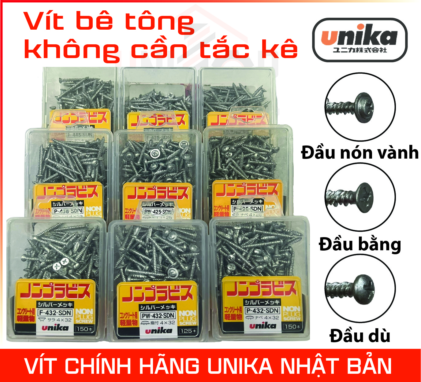 Ốc vít bắt tường bê tông không cần tắc kê Unika đầu bằng/nón vành/dù loại tốt dể sử dụng Nhật Bản