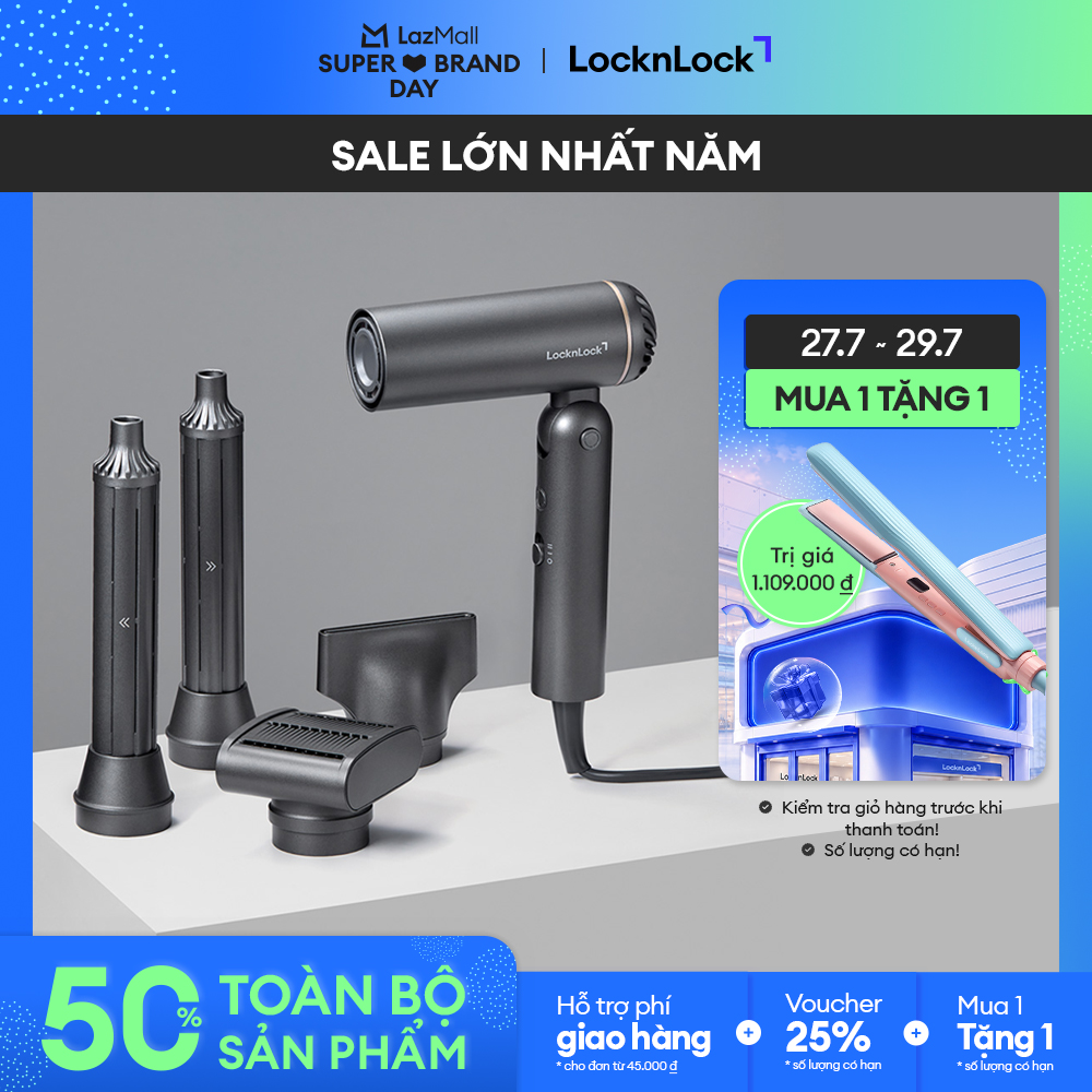 [SBD 27.7_Giảm đến 70% + Voucher đến 25%] Máy sấy tạo kiểu tóc gấp gọn LocknLock Foldable hair styling dryer ENA626GRY Màu xám, công suất 1300W công nghệ ion âm