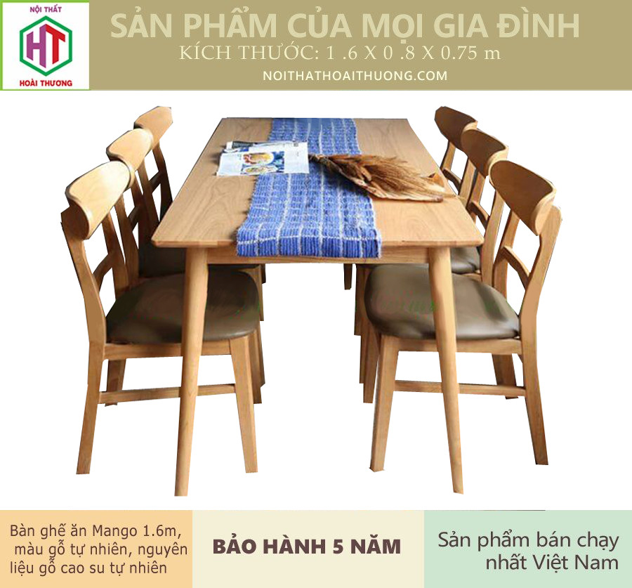 Bô bàn ghế phòng ăn 1.6 m 6 ghế gỗ ht06216g6g màu gõ tự nhiên